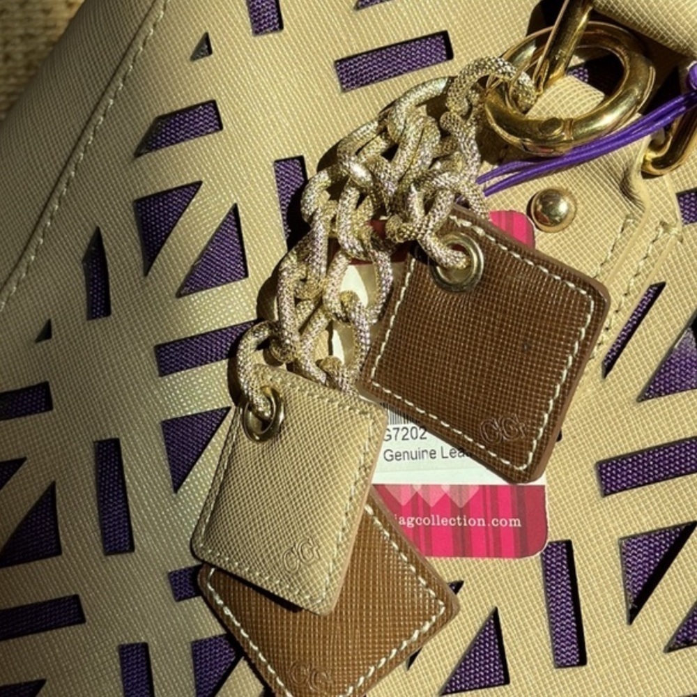 NWT Luminous Leather Tan Satchel Bag Tote Lazer cutouts NWT $109 - Picture 11 of 12